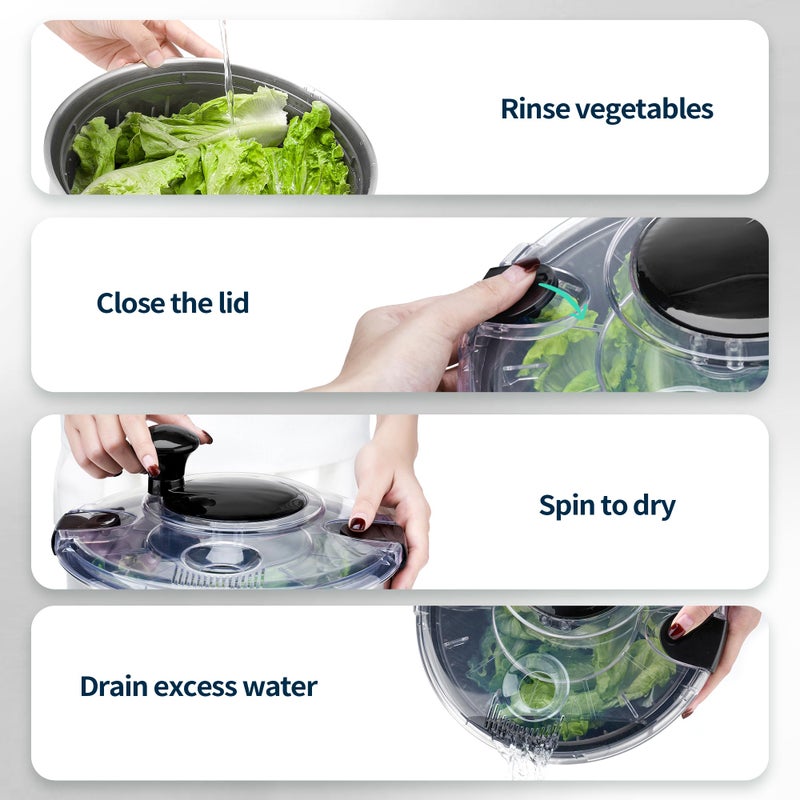 SveBake Stainless Steel Salad Spinner, 4.2 Qt Vegetable Washer, BPA-Free Lettuce Dryer with Crank Design, Dishwasher Safe, Non-Slip Base - Transparent Lid - Image 5